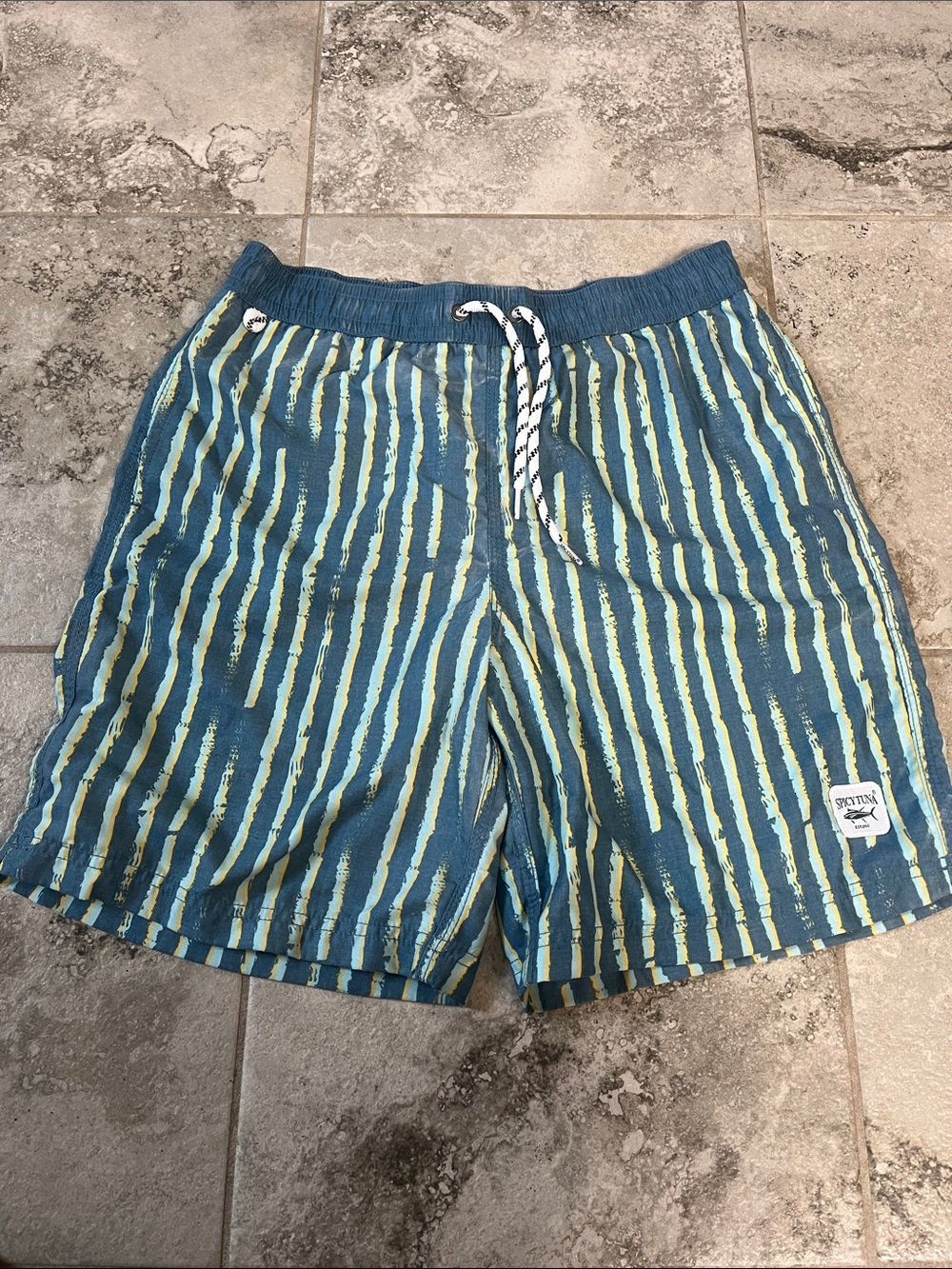 Brixton Blue Swim Trunks with Lime Vertical Stripe